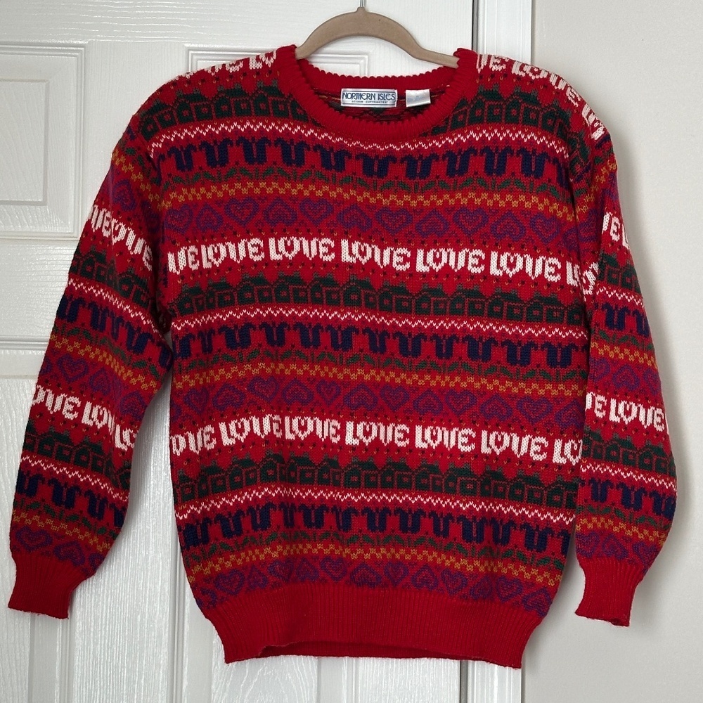 Northern Isles Vintage Acrylic Patterned Sweater Love Red Foliage Red Comb M